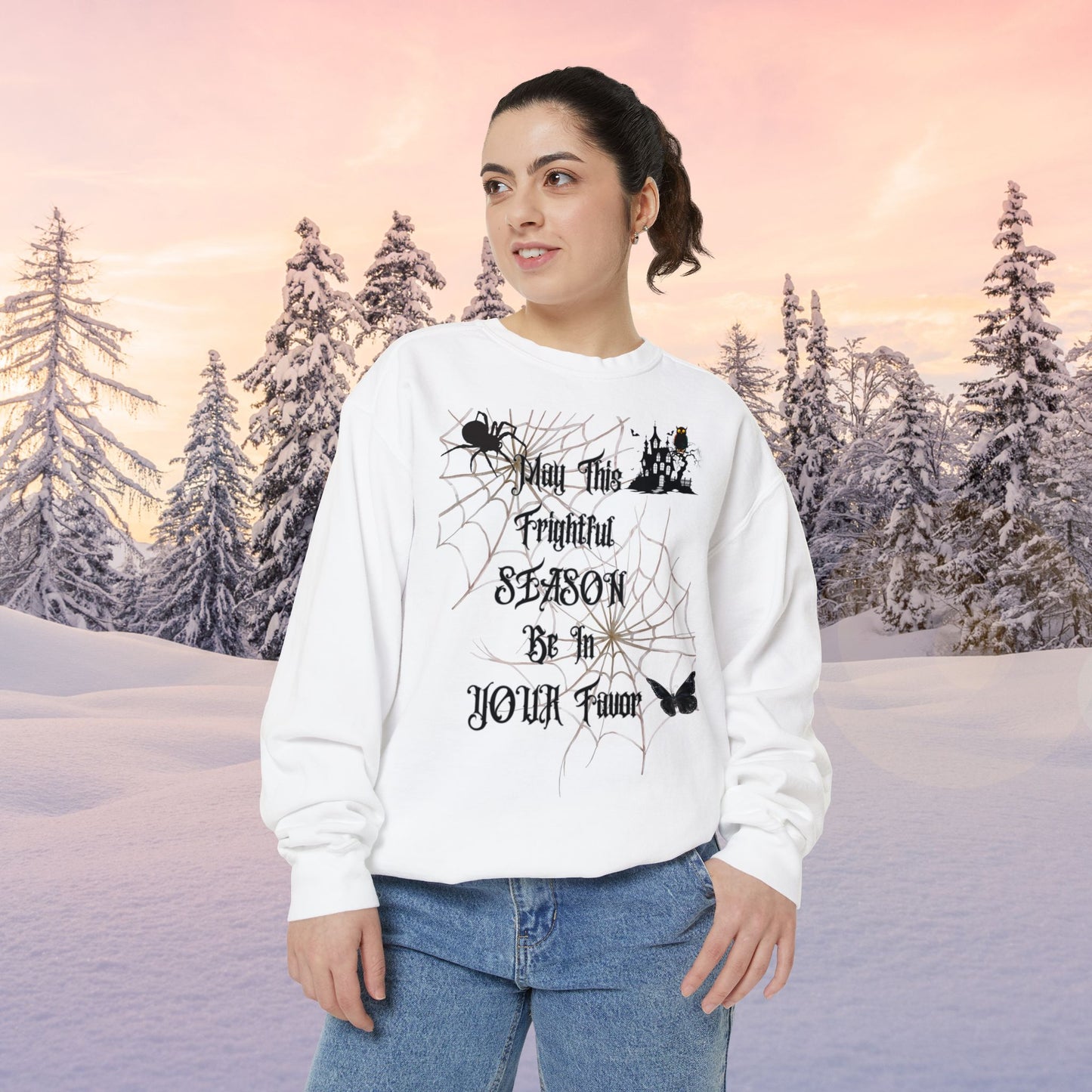 Web Halloween Favor Season Unisex Garment-Dyed Sweatshirt, Pinup Spider Woman, Fall Gothic Dark Academia