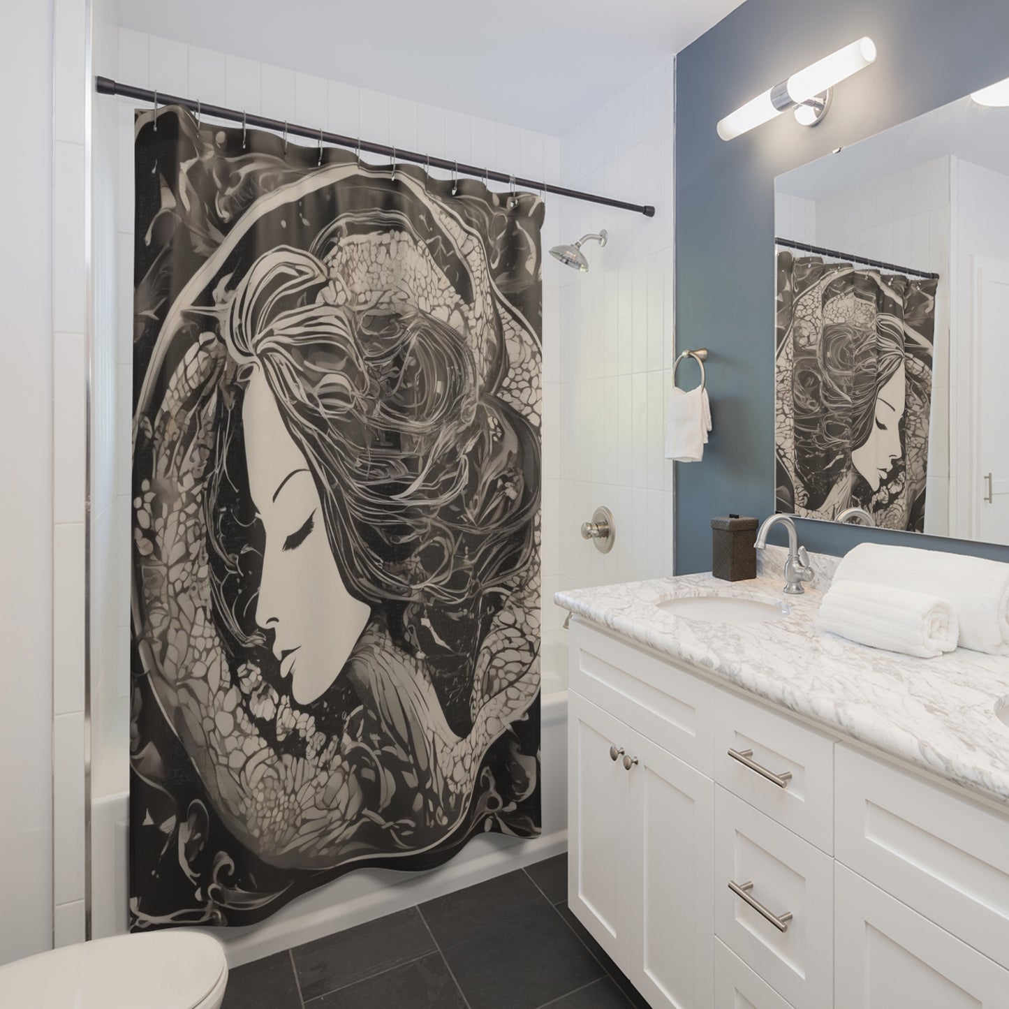 Whimsical Woman Shower Curtains, Unique Bathroom Decor, Abstract Shower Curtain, Artistic Shower Curtain, Art Deco Bathroom Decor