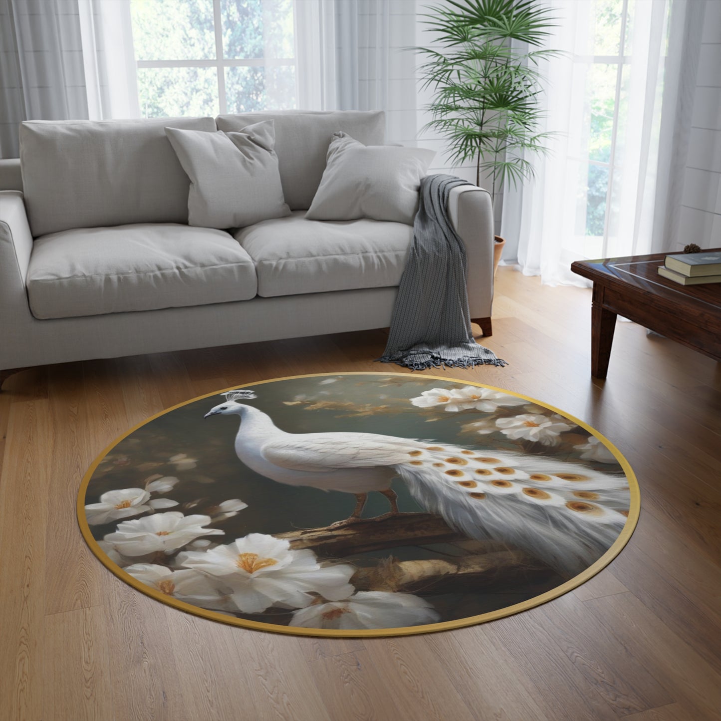 Golden And White Peacock Round Rug, Unique Home Decor Accent, Boho Chic Floor