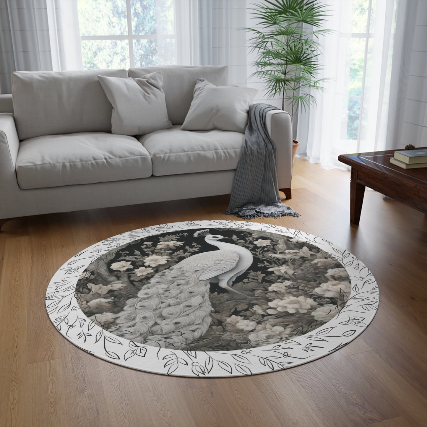Silver Peacock Round Rug - Boho Chic Home Decor Accent, 36-inch Living Room