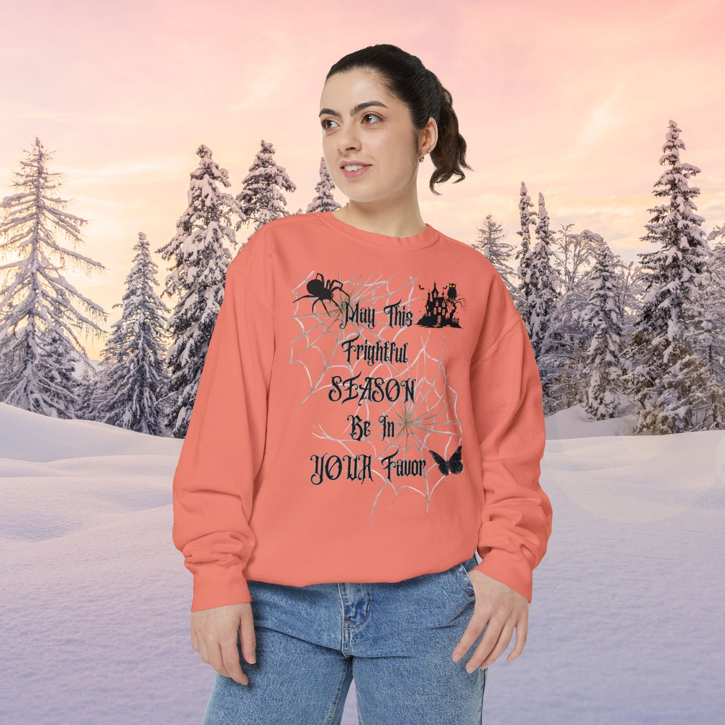 Web Halloween Favor Season Unisex Garment-Dyed Sweatshirt, Pinup Spider Woman, Fall Gothic Dark Academia