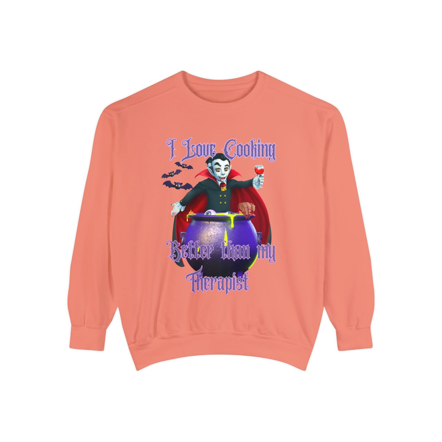 Vampire Cooking vs Therapy Cook Unisex Garment-Dyed Sweatshirt, Bats, Fall Gothic, Halloween, Vampire Lover, Gothic, Dark Clothing