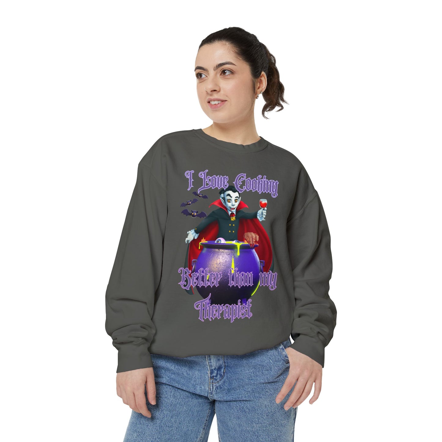 Vampire Cooking vs Therapy Cook Unisex Garment-Dyed Sweatshirt, Bats, Fall Gothic, Halloween, Vampire Lover, Gothic, Dark Clothing