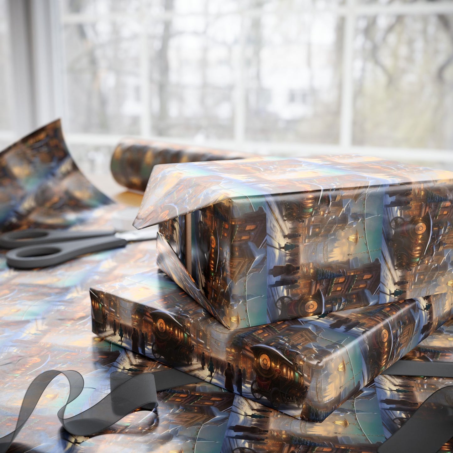 Steampunk Christmas Train Gift Wrap, Train Holiday Decor