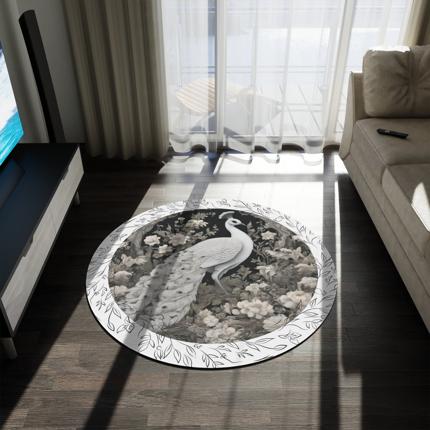 Silver Peacock Round Rug - Boho Chic Home Decor Accent, 36-inch Living Room
