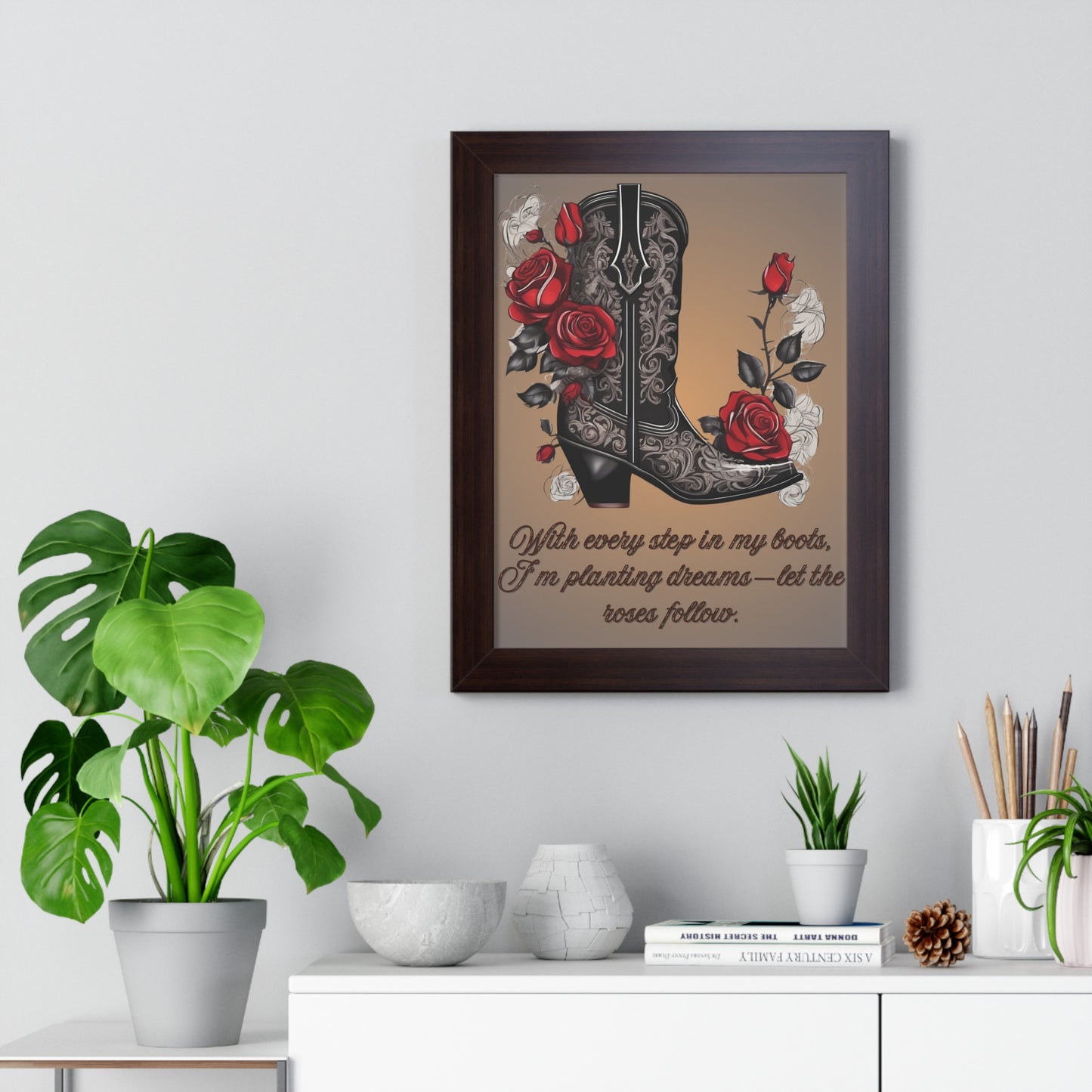 Pathway to Roses, Framed Vertical Poster, Rustic Nursery Print, teen girl bedroom, dorm room posters, preppy decor, home decor