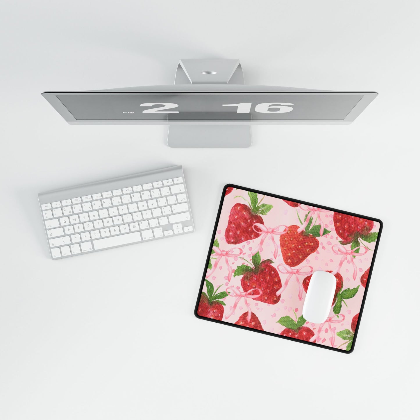 Coquette Strawberries and Bows Desk Mat, Pink Background, 3 Sizes, Cute Flirty Desk Accessory, Work From Home Decor, Office Supplies, Gaming