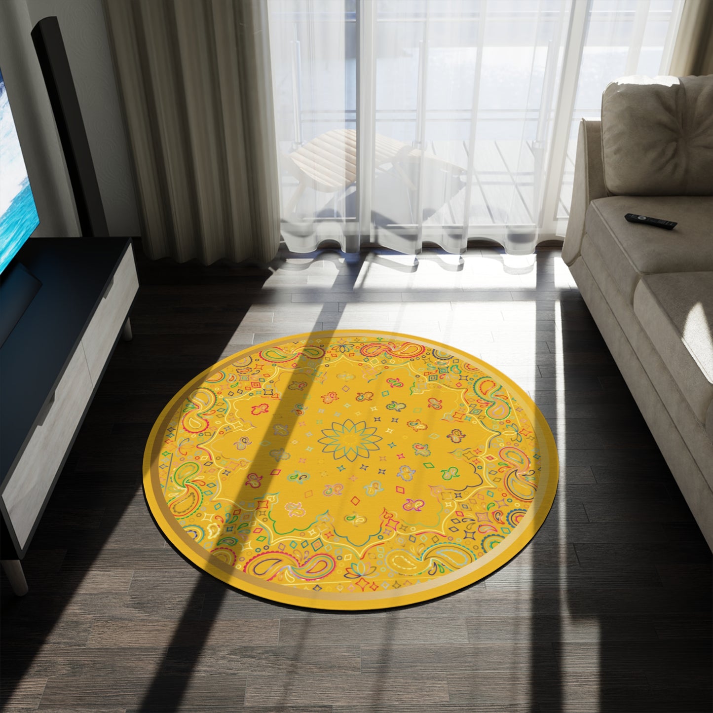 Boho Round Rug, Paisley Area Carpet, Medallion Design Floor Mat, Morroco Decor
