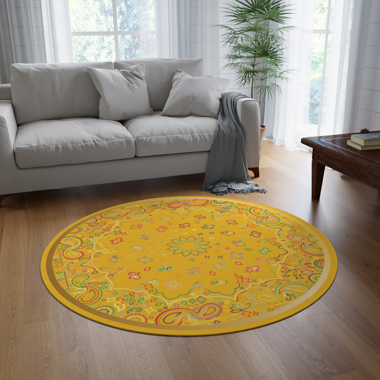 Boho Round Rug, Paisley Area Carpet, Medallion Design Floor Mat, Morroco Decor
