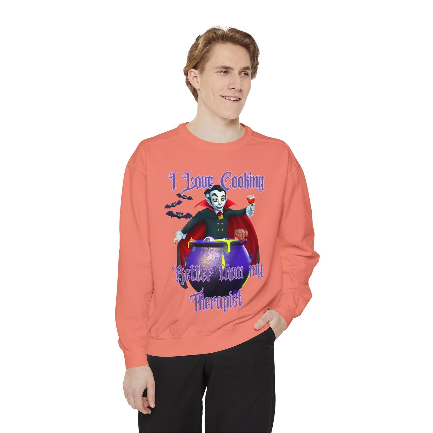 Vampire Cooking vs Therapy Cook Unisex Garment-Dyed Sweatshirt, Bats, Fall Gothic, Halloween, Vampire Lover, Gothic, Dark Clothing