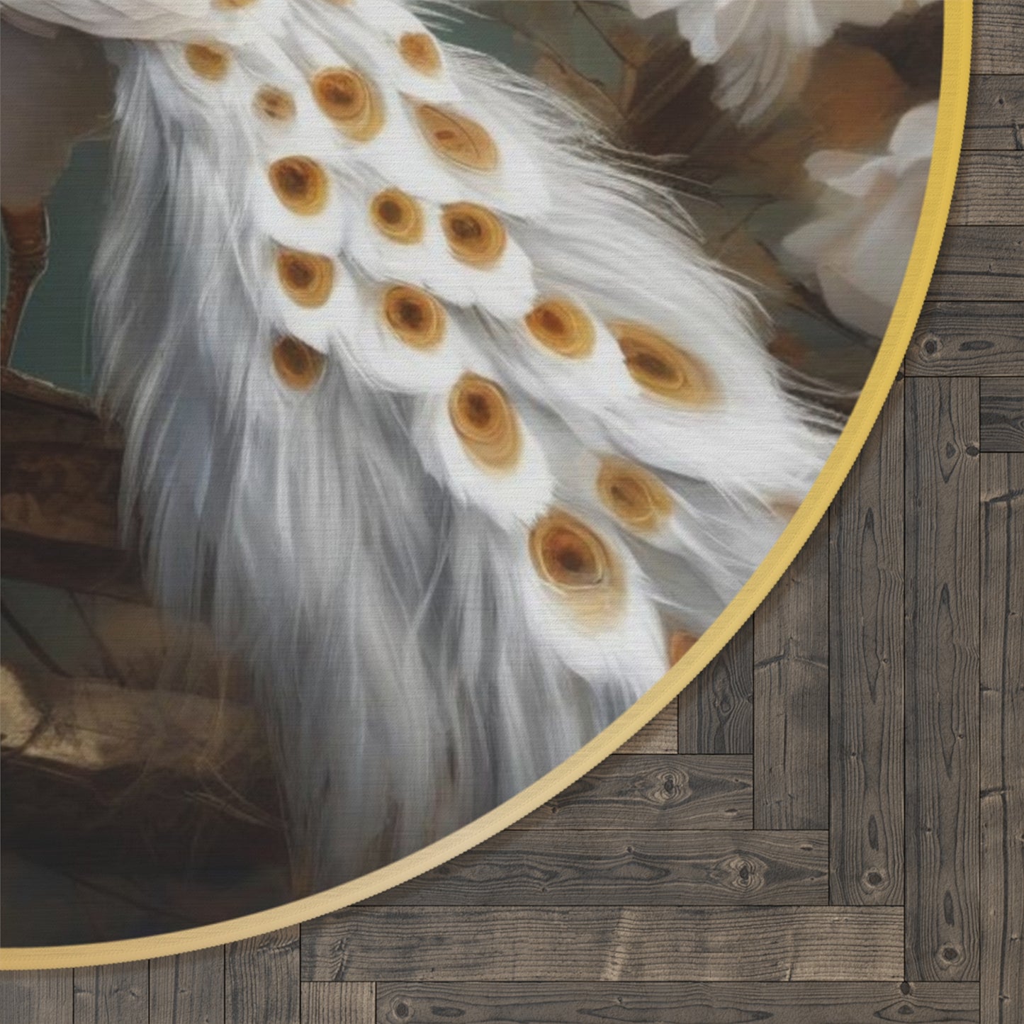 Golden And White Peacock Round Rug, Unique Home Decor Accent, Boho Chic Floor