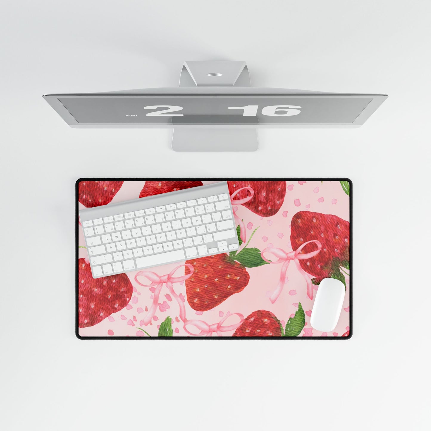 Coquette Strawberries and Bows Desk Mat, Pink Background, 3 Sizes, Cute Flirty Desk Accessory, Work From Home Decor, Office Supplies, Gaming