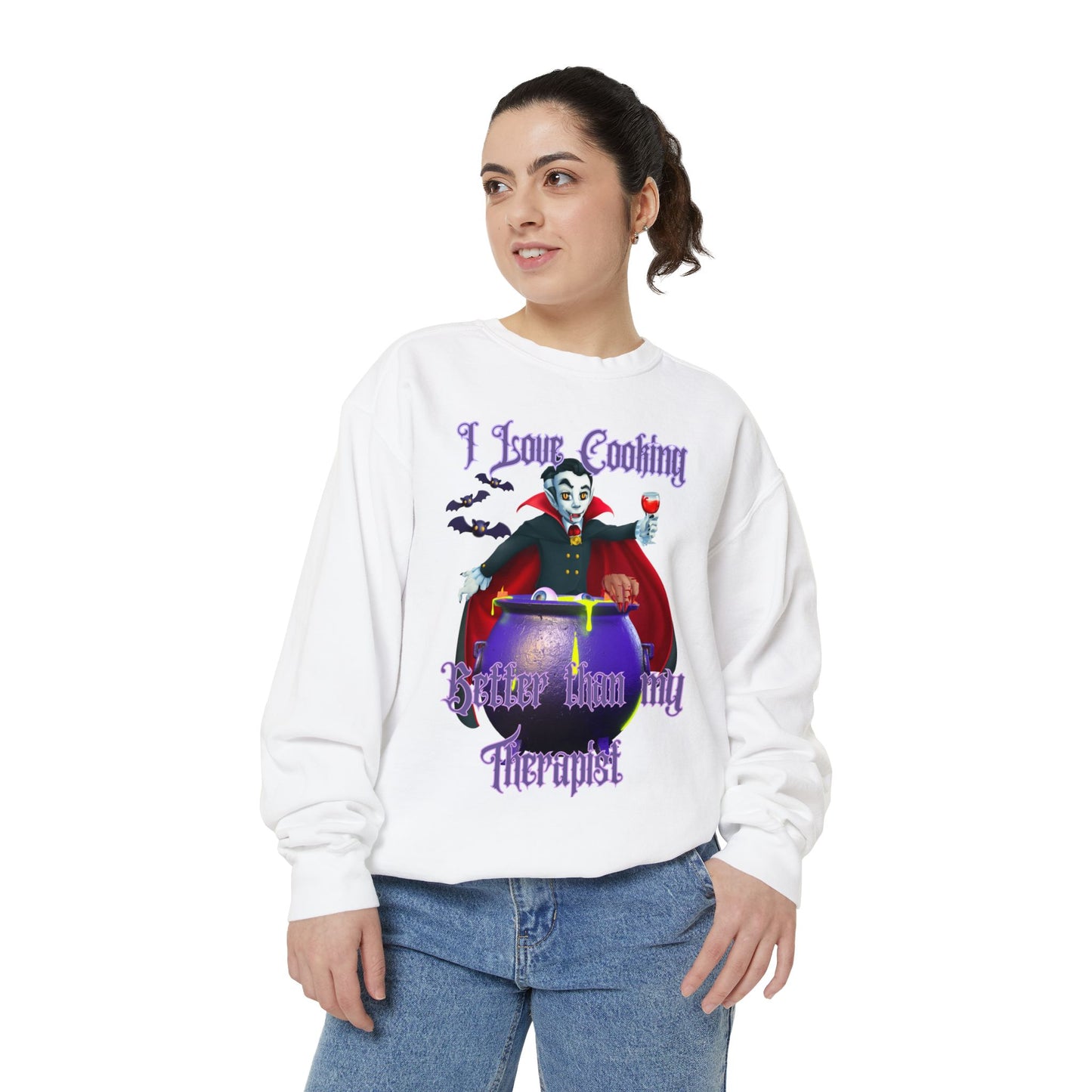 Vampire Cooking vs Therapy Cook Unisex Garment-Dyed Sweatshirt, Bats, Fall Gothic, Halloween, Vampire Lover, Gothic, Dark Clothing