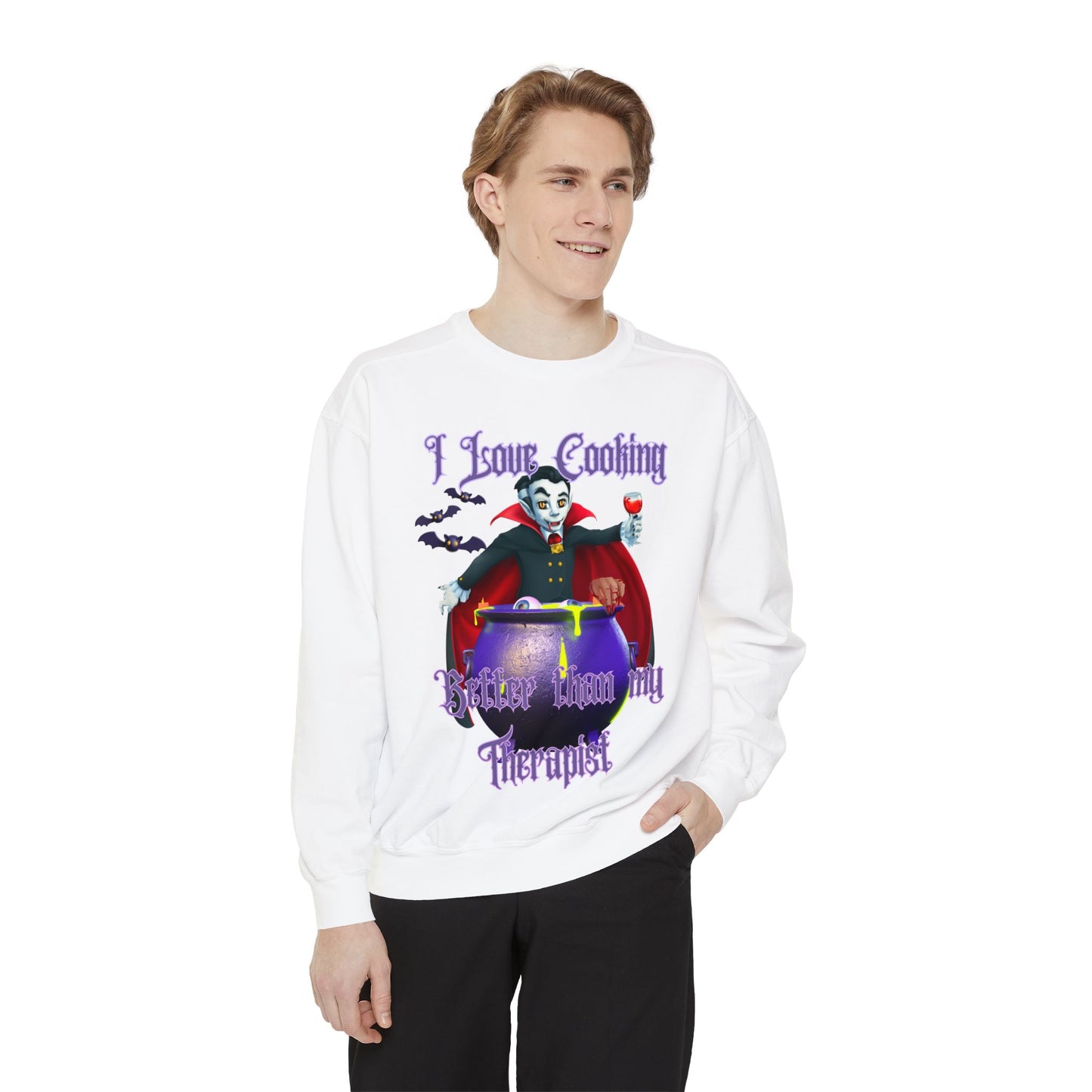 Vampire Cooking vs Therapy Cook Unisex Garment-Dyed Sweatshirt, Bats, Fall Gothic, Halloween, Vampire Lover, Gothic, Dark Clothing