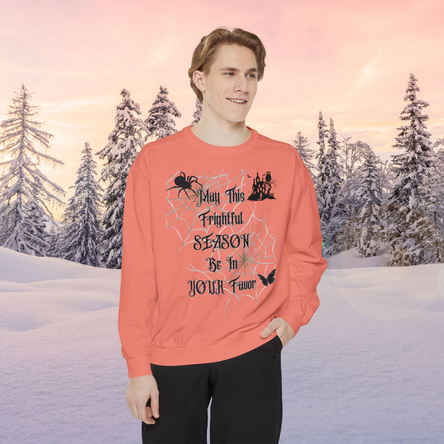 Web Halloween Favor Season Unisex Garment-Dyed Sweatshirt, Pinup Spider Woman, Fall Gothic Dark Academia