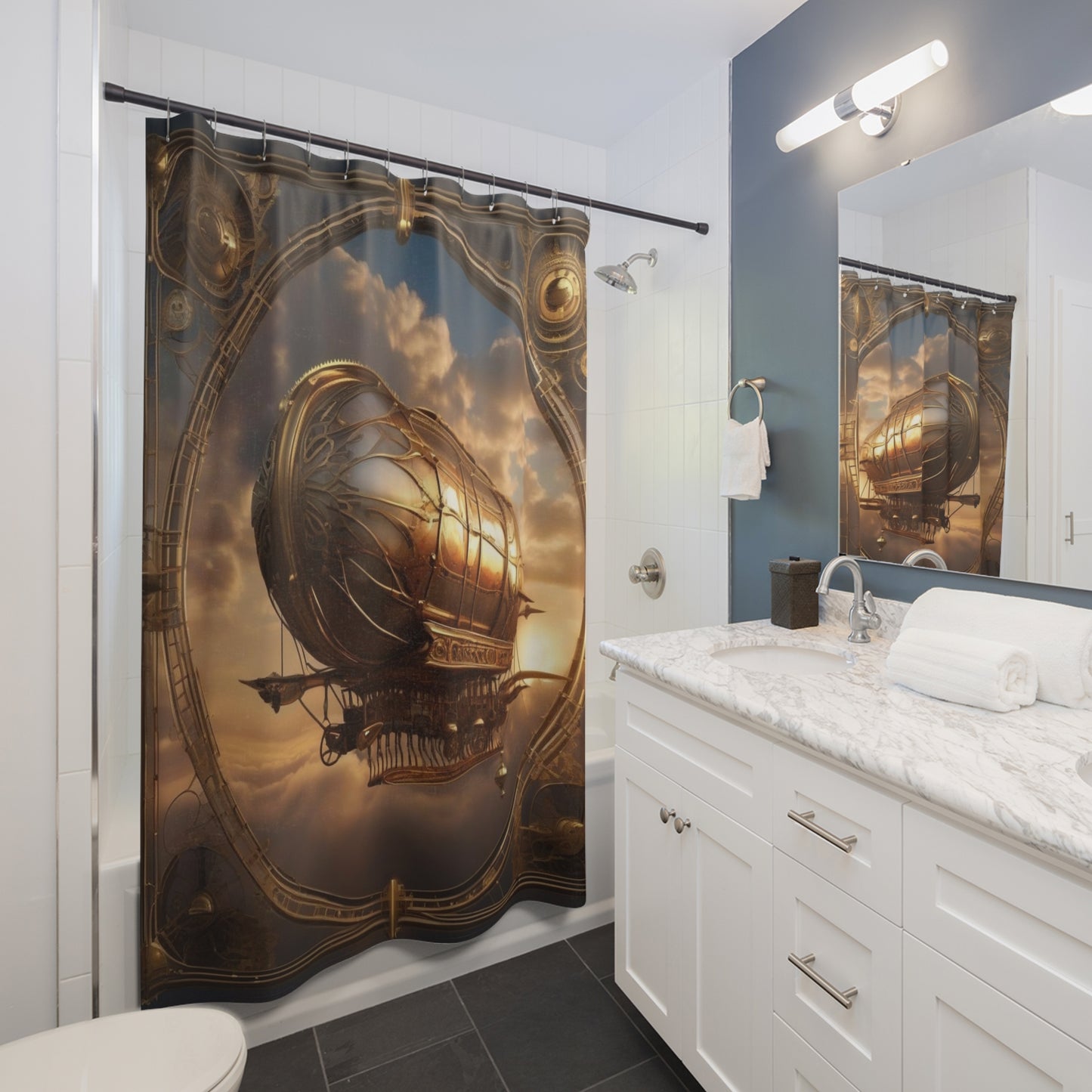 Steampunk Inspired Airship Shower Curtains, Vintage Industrial Bathroom Decor, Steampunk Shower Curtain, Airship Bathroom Decor, Victorian Steampunk Design, Industrial Style Bathroom, Gothic Bathroom Accessories, Victorian Era Design