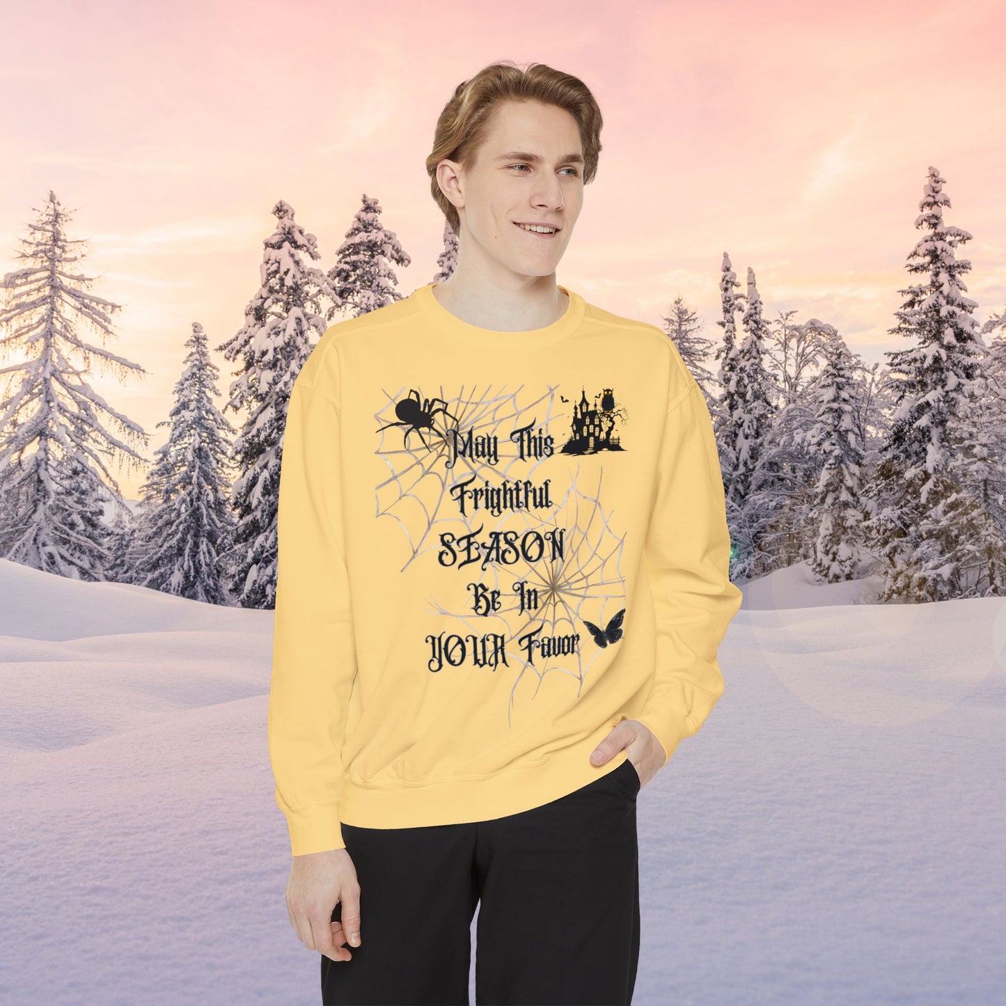 Web Halloween Favor Season Unisex Garment-Dyed Sweatshirt, Pinup Spider Woman, Fall Gothic Dark Academia