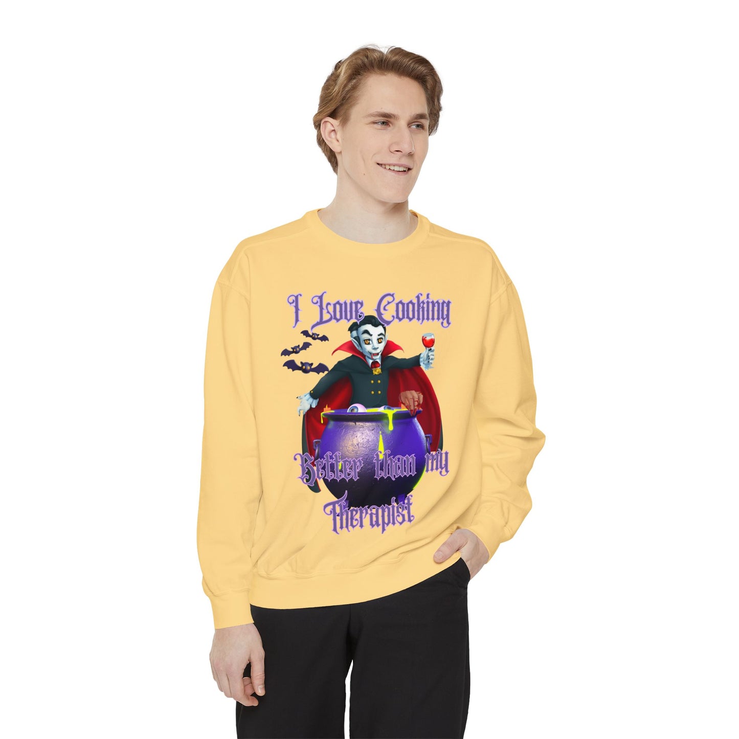 Vampire Cooking vs Therapy Cook Unisex Garment-Dyed Sweatshirt, Bats, Fall Gothic, Halloween, Vampire Lover, Gothic, Dark Clothing