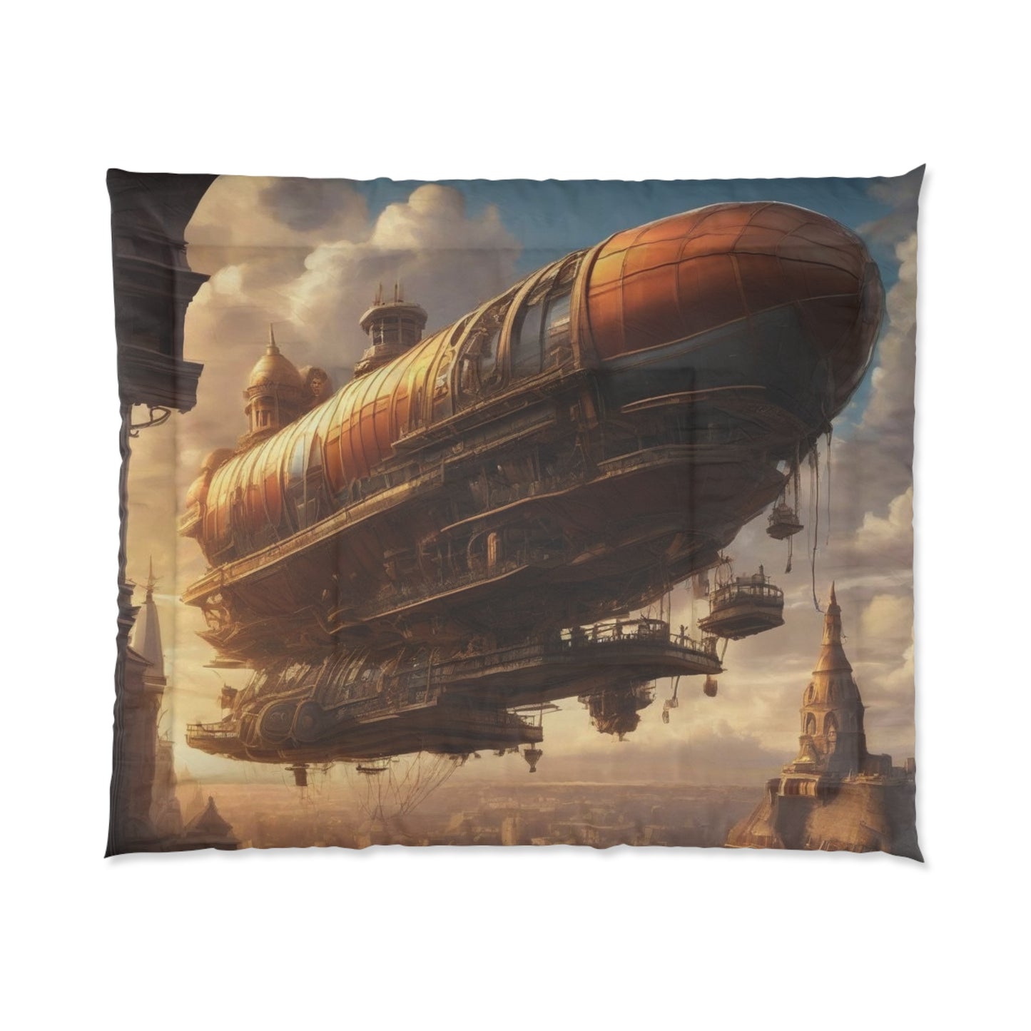 Steampunk Airship 2 Comforter, City Skyline Bedding, Unique Steampunk Decor, Aesthetic Bedding, Airship Design Comforter, Steampunk Inspired