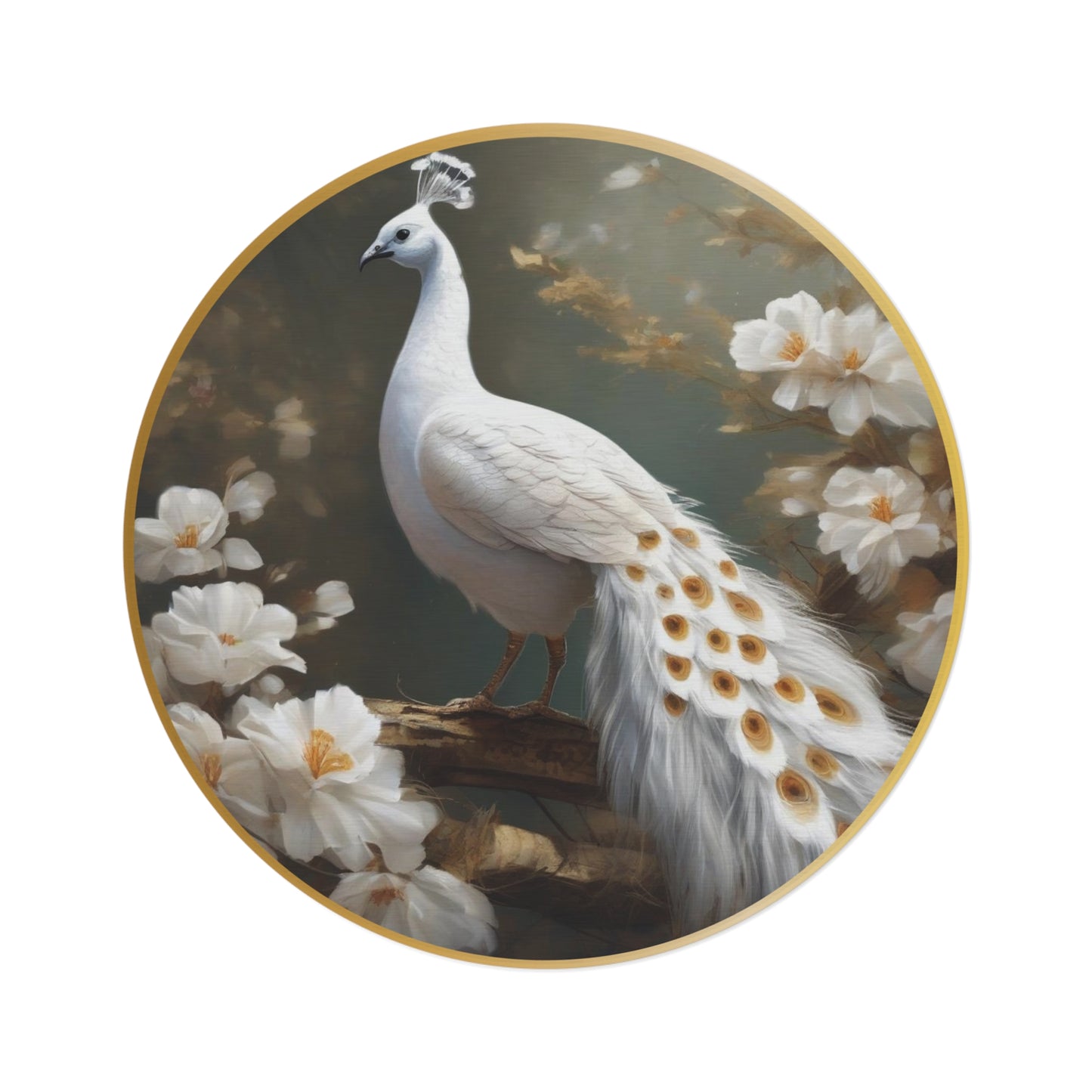 Golden And White Peacock Round Rug, Unique Home Decor Accent, Boho Chic Floor