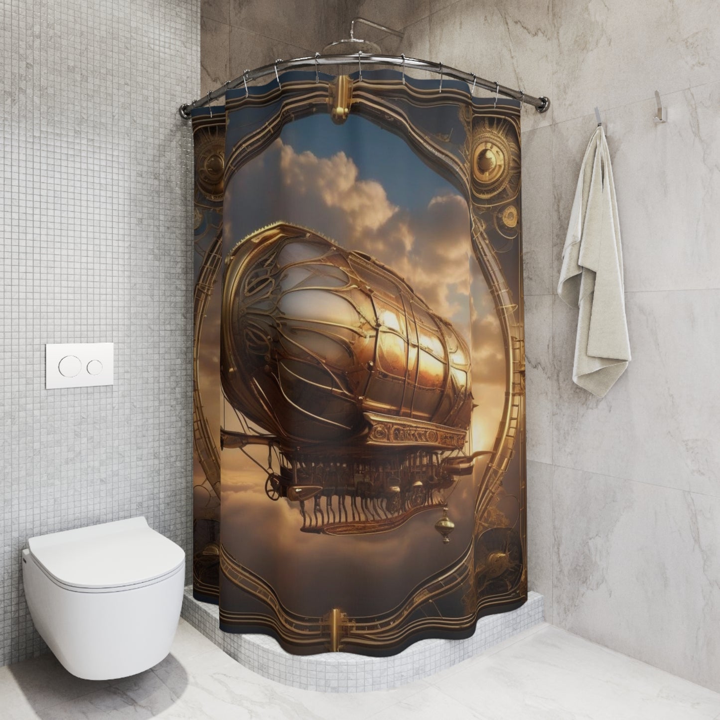 Steampunk Inspired Airship Shower Curtains, Vintage Industrial Bathroom Decor, Steampunk Shower Curtain, Airship Bathroom Decor, Victorian Steampunk Design, Industrial Style Bathroom, Gothic Bathroom Accessories, Victorian Era Design