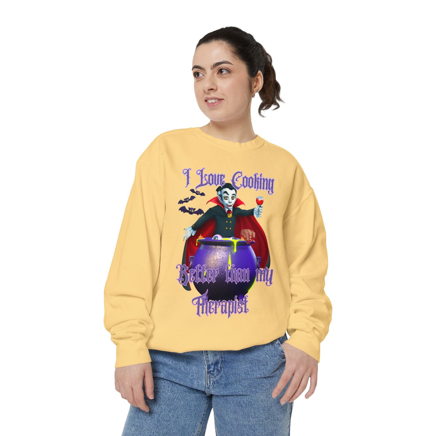 Vampire Cooking vs Therapy Cook Unisex Garment-Dyed Sweatshirt, Bats, Fall Gothic, Halloween, Vampire Lover, Gothic, Dark Clothing
