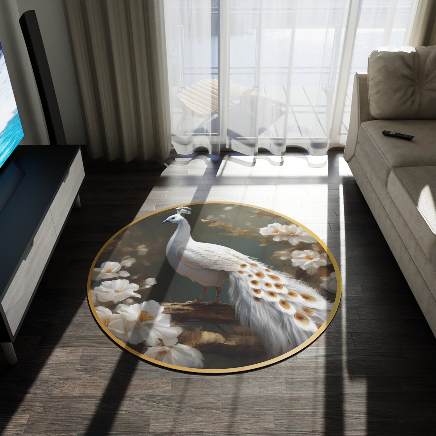 Golden And White Peacock Round Rug, Unique Home Decor Accent, Boho Chic Floor