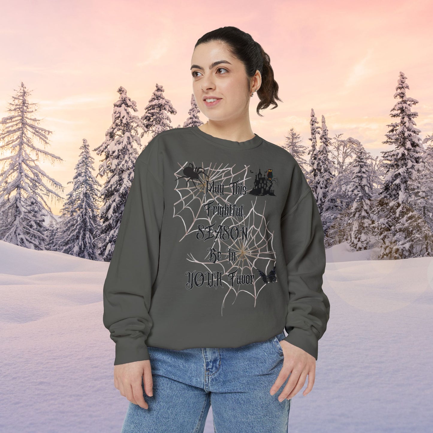 Web Halloween Favor Season Unisex Garment-Dyed Sweatshirt, Pinup Spider Woman, Fall Gothic Dark Academia