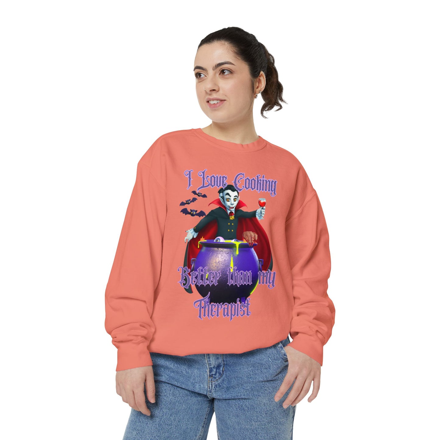 Vampire Cooking vs Therapy Cook Unisex Garment-Dyed Sweatshirt, Bats, Fall Gothic, Halloween, Vampire Lover, Gothic, Dark Clothing