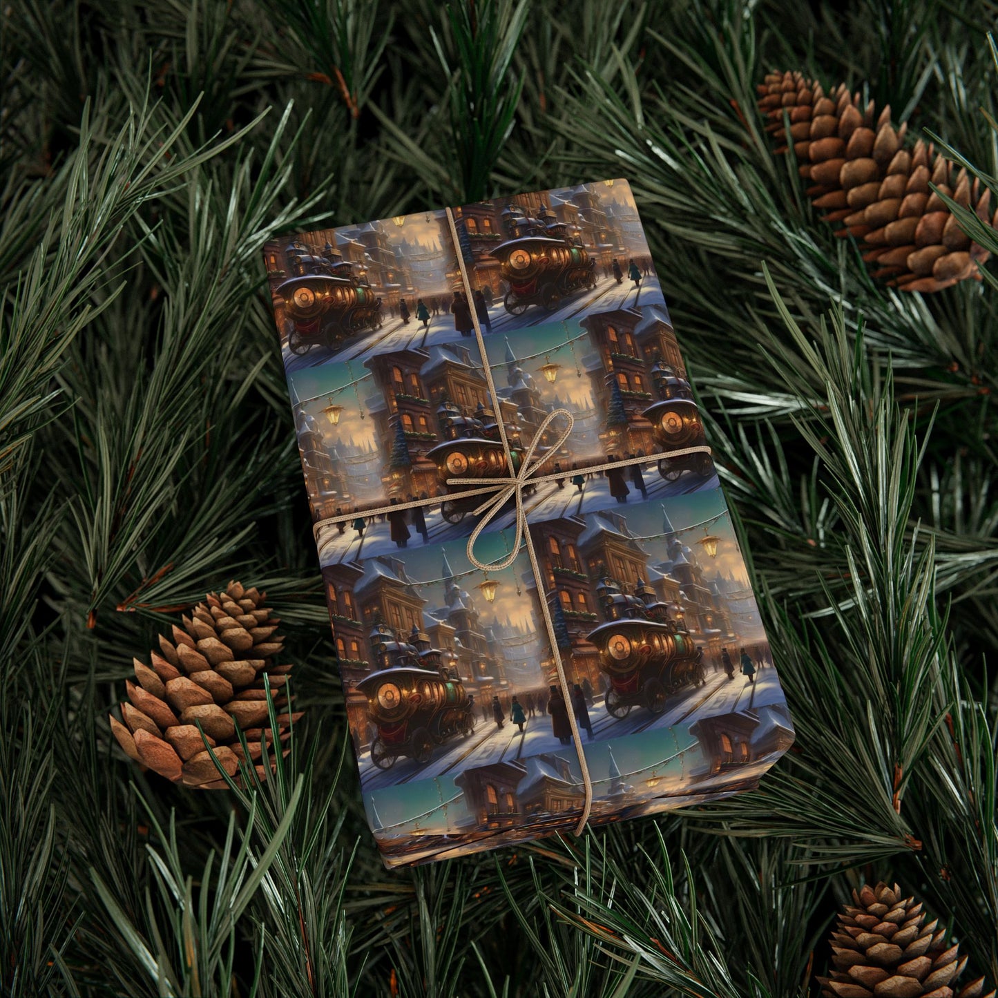Steampunk Christmas Train Gift Wrap, Train Holiday Decor