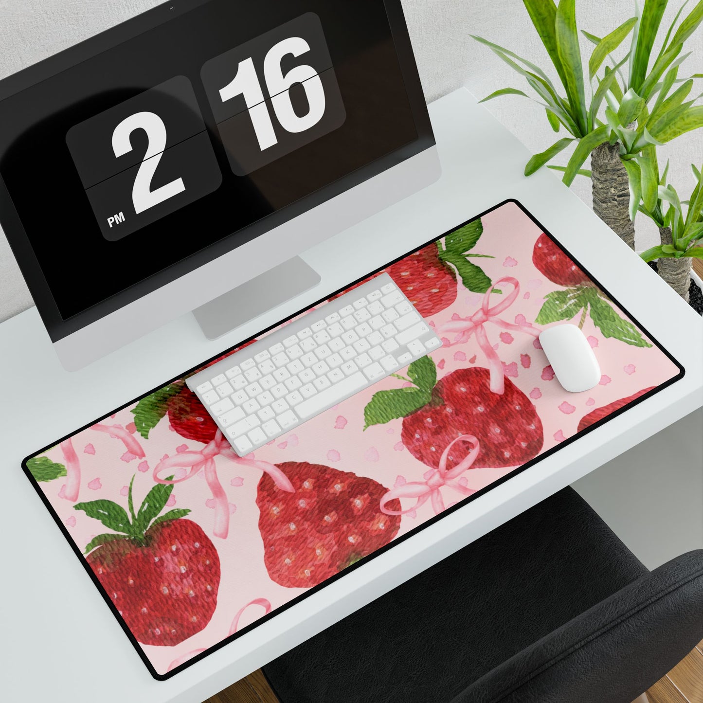 Coquette Strawberries and Bows Desk Mat, Pink Background, 3 Sizes, Cute Flirty Desk Accessory, Work From Home Decor, Office Supplies, Gaming