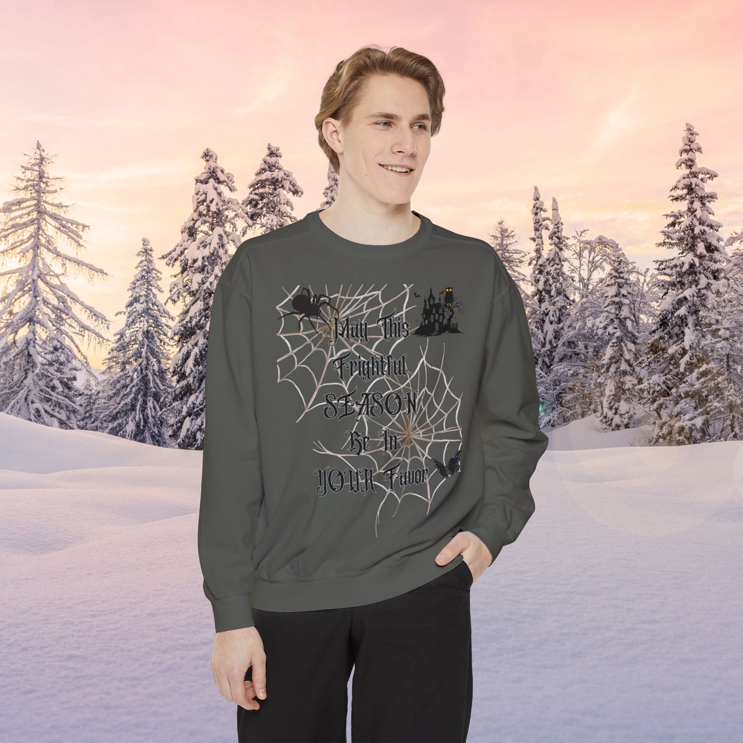 Web Halloween Favor Season Unisex Garment-Dyed Sweatshirt, Pinup Spider Woman, Fall Gothic Dark Academia
