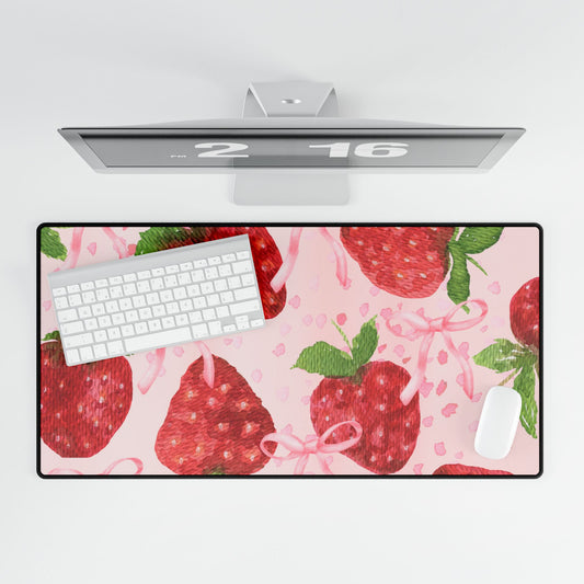 Coquette Strawberries and Bows Desk Mat, Pink Background, 3 Sizes, Cute Flirty Desk Accessory, Work From Home Decor, Office Supplies, Gaming