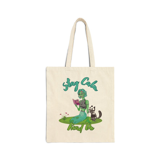 Stay Calm Zombie Bookworms Fall Halloween Cotton Canvas Tote Bag, Unique Trick Or Treat Bag, Halloween Party Favor, Zombie Lover Gift, Spooky Tote Bag