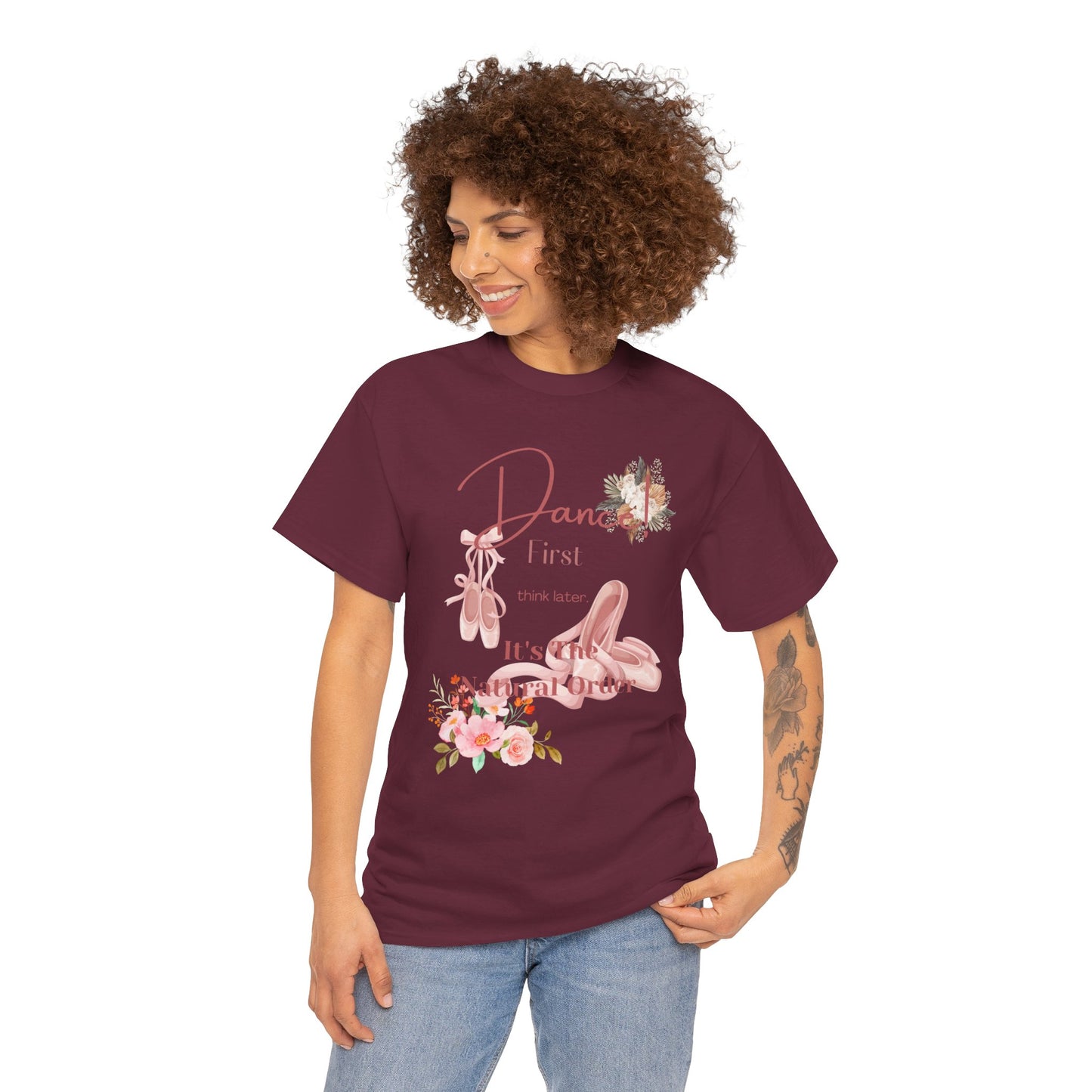Dance First Think Later Unisex Ballet Heavy Cotton Tee, Ballet T-shirt, Dance Apparel, Ballet Lover Gift, Dance Studio Clothing