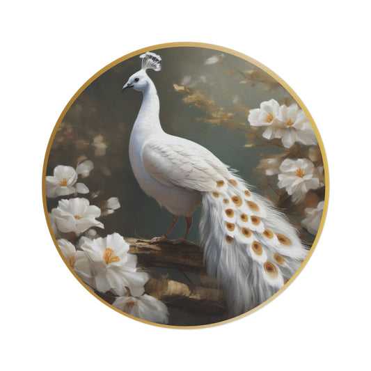 Golden And White Peacock Round Rug, Unique Home Decor Accent, Boho Chic Floor