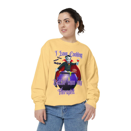 Vampire Cooking vs Therapy Cook Unisex Garment-Dyed Sweatshirt, Bats, Fall Gothic, Halloween, Vampire Lover, Gothic, Dark Clothing