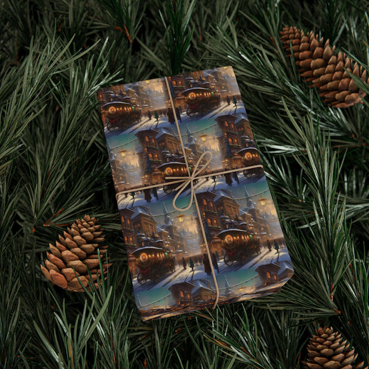 Steampunk Christmas Train Gift Wrap, Train Holiday Decor